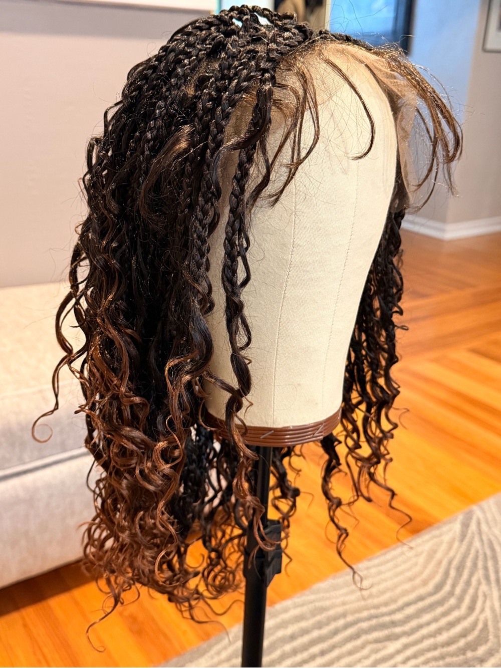 Synthetic Natural Black to Brown Ombre Braided Curly Wig Full Lace Cap #214 - Picture 5 of 16